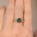 2.17ct Trillion Teal Blue Untreated Montana Sapphire and Antique Diamond Mountainscape Ring in 18k Yellow Gold