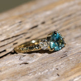 2.17ct Trillion Teal Blue Untreated Montana Sapphire and Antique Diamond Mountainscape Ring in 18k Yellow Gold