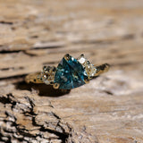 2.17ct Trillion Teal Blue Untreated Montana Sapphire and Antique Diamond Mountainscape Ring in 18k Yellow Gold