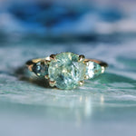 2.75ct Round Untreated Parti Montana Sapphire and Pear Montana Sapphire Three Stone Low Profile Scallop Ring in 18k Yellow Gold