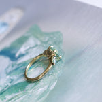 2.75ct Round Untreated Parti Montana Sapphire and Pear Montana Sapphire Three Stone Low Profile Scallop Ring in 18k Yellow Gold