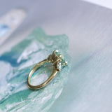 2.75ct Round Untreated Parti Montana Sapphire and Pear Montana Sapphire Three Stone Low Profile Scallop Ring in 18k Yellow Gold