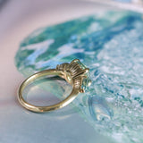 2.75ct Round Untreated Parti Montana Sapphire and Pear Montana Sapphire Three Stone Low Profile Scallop Ring in 18k Yellow Gold