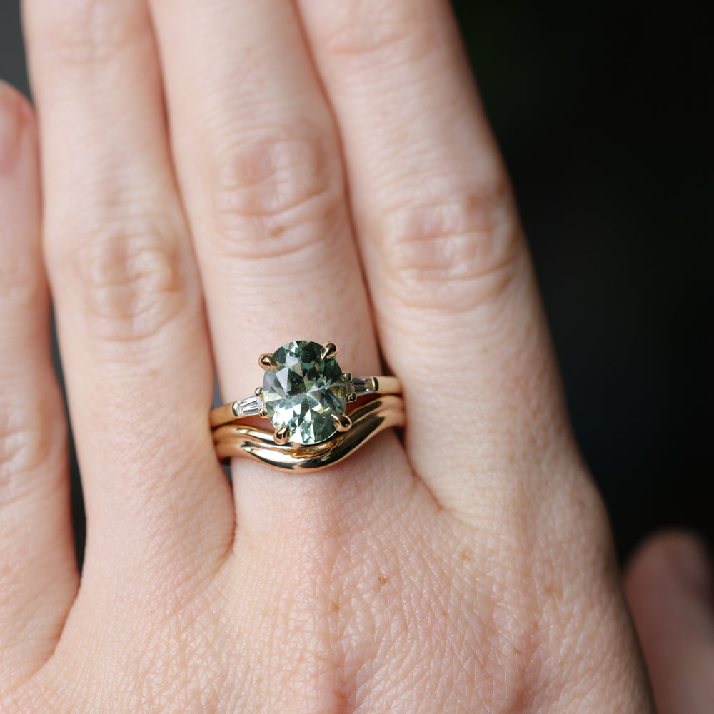 3.50ct Oval Untreated Montana Sapphire and Tapered Baguette Diamond Stackable 4 Prong Ring With Euro Shank in 18k Yellow Gold