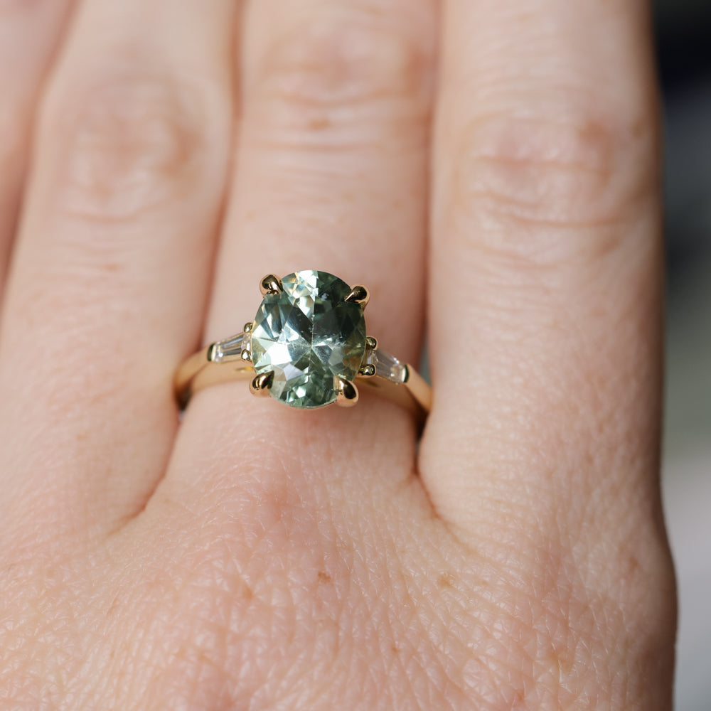3.50ct Oval Untreated Montana Sapphire and Tapered Baguette Diamond Stackable 4 Prong Ring With Euro Shank in 18k Yellow Gold