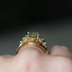 2.75ct Round Untreated Parti Montana Sapphire and Pear Montana Sapphire Three Stone Low Profile Scallop Ring in 18k Yellow Gold