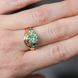 2.75ct Round Untreated Parti Montana Sapphire and Pear Montana Sapphire Three Stone Low Profile Scallop Ring in 18k Yellow Gold