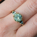 2.75ct Round Untreated Parti Montana Sapphire and Pear Montana Sapphire Three Stone Low Profile Scallop Ring in 18k Yellow Gold