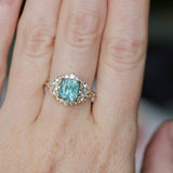 2.70ct Untreated Radiant Cut Montana Sapphire and Diamond Floral Halo in 14k Yellow Gold