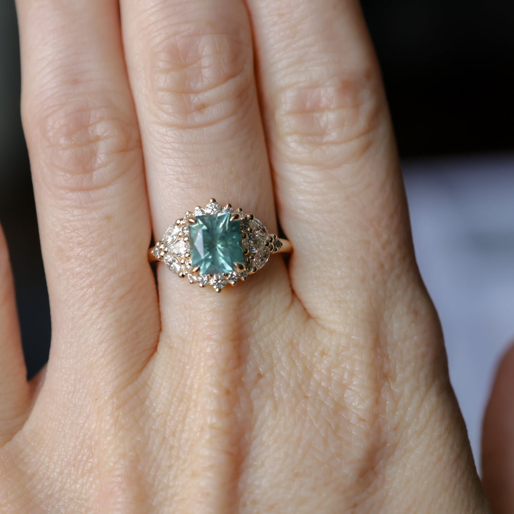 2.70ct Untreated Radiant Cut Montana Sapphire and Diamond Floral Halo in 14k Yellow Gold