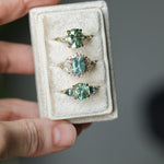 2.75ct Round Untreated Parti Montana Sapphire and Pear Montana Sapphire Three Stone Low Profile Scallop Ring in 18k Yellow Gold