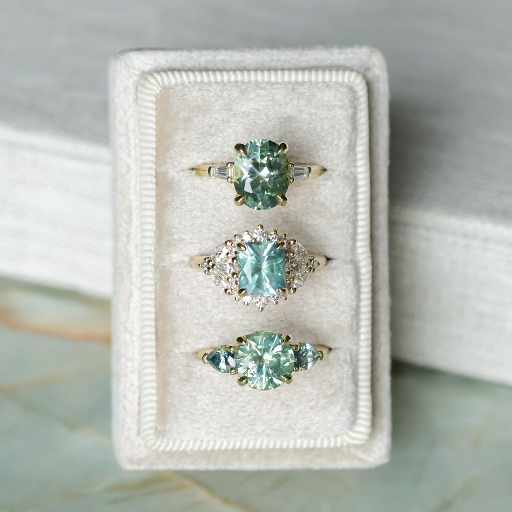 2.75ct Round Untreated Parti Montana Sapphire and Pear Montana Sapphire Three Stone Low Profile Scallop Ring in 18k Yellow Gold