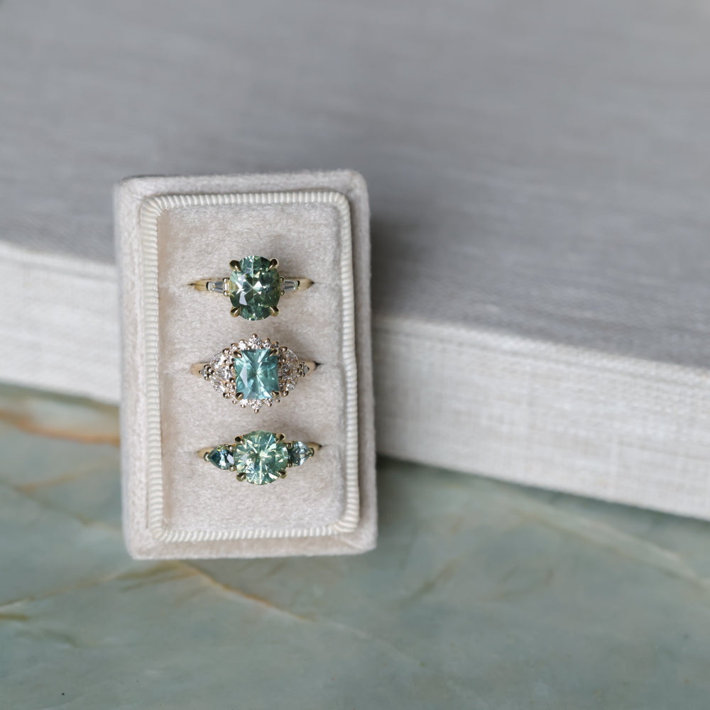 2.75ct Round Untreated Parti Montana Sapphire and Pear Montana Sapphire Three Stone Low Profile Scallop Ring in 18k Yellow Gold