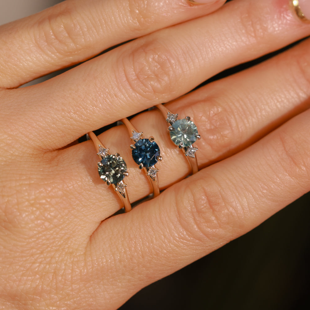 1.20ct Untreated Round Aqua Montana Sapphire and Princess Cut Diamond Rapids Low Profile Ring in 14k White Gold