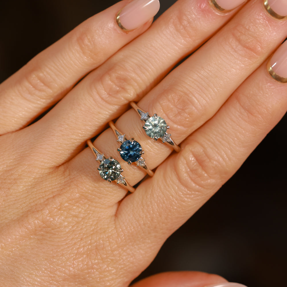 1.20ct Untreated Round Aqua Montana Sapphire and Princess Cut Diamond Rapids Low Profile Ring in 14k White Gold