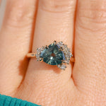 2.57ct Untreated Blue Wide Trillion Montana Sapphire and Antique Diamond Mountainscape Ring in 14k Yellow Gold