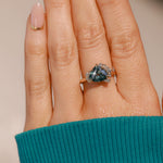 2.57ct Untreated Blue Wide Trillion Montana Sapphire and Antique Diamond Mountainscape Ring in 14k Yellow Gold