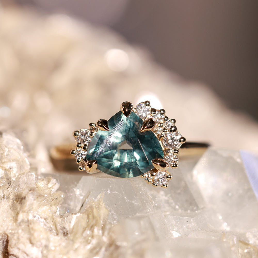 2.57ct Untreated Blue Wide Trillion Montana Sapphire and Antique Diamond Mountainscape Ring in 14k Yellow Gold