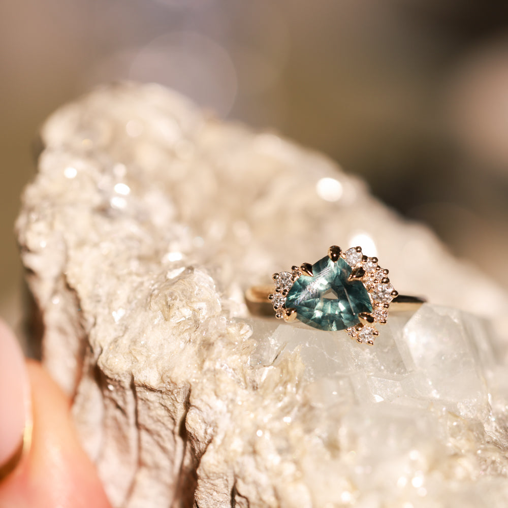 2.57ct Untreated Blue Wide Trillion Montana Sapphire and Antique Diamond Mountainscape Ring in 14k Yellow Gold