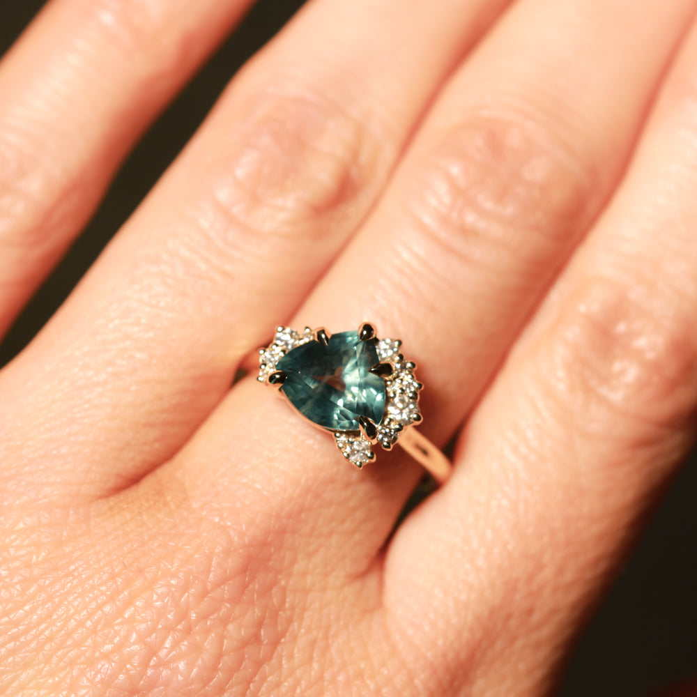 2.57ct Untreated Blue Wide Trillion Montana Sapphire and Antique Diamond Mountainscape Ring in 14k Yellow Gold