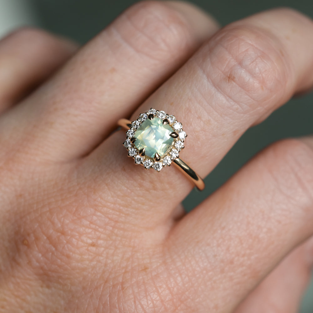 2.18ct"Old Mine Cushion" cut Silky Light Green Montana Sapphire Antique-Style Diamond Halo Ring in 14k Yellow Gold