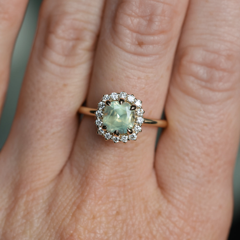 2.18ct"Old Mine Cushion" cut Silky Light Green Montana Sapphire Antique-Style Diamond Halo Ring in 14k Yellow Gold