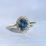 2.52ct Oval Untreated Montana Sapphire Antique-Style Diamond Halo Ring in 18k Yellow Gold