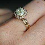 2.18ct"Old Mine Cushion" cut Silky Light Green Montana Sapphire Antique-Style Diamond Halo Ring in 14k Yellow Gold