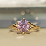 2.40ct Untreated Mauve Precision Cut Montana Sapphire Low Profile Six Prong Split Shank Solitaire in 18k Yellow Gold