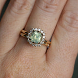 2.18ct"Old Mine Cushion" cut Silky Light Green Montana Sapphire Antique-Style Diamond Halo Ring in 14k Yellow Gold
