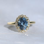 2.52ct Oval Untreated Montana Sapphire Antique-Style Diamond Halo Ring in 18k Yellow Gold