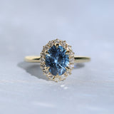 2.52ct Oval Untreated Montana Sapphire Antique-Style Diamond Halo Ring in 18k Yellow Gold