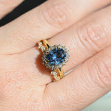 2.52ct Oval Untreated Montana Sapphire Antique-Style Diamond Halo Ring in 18k Yellow Gold