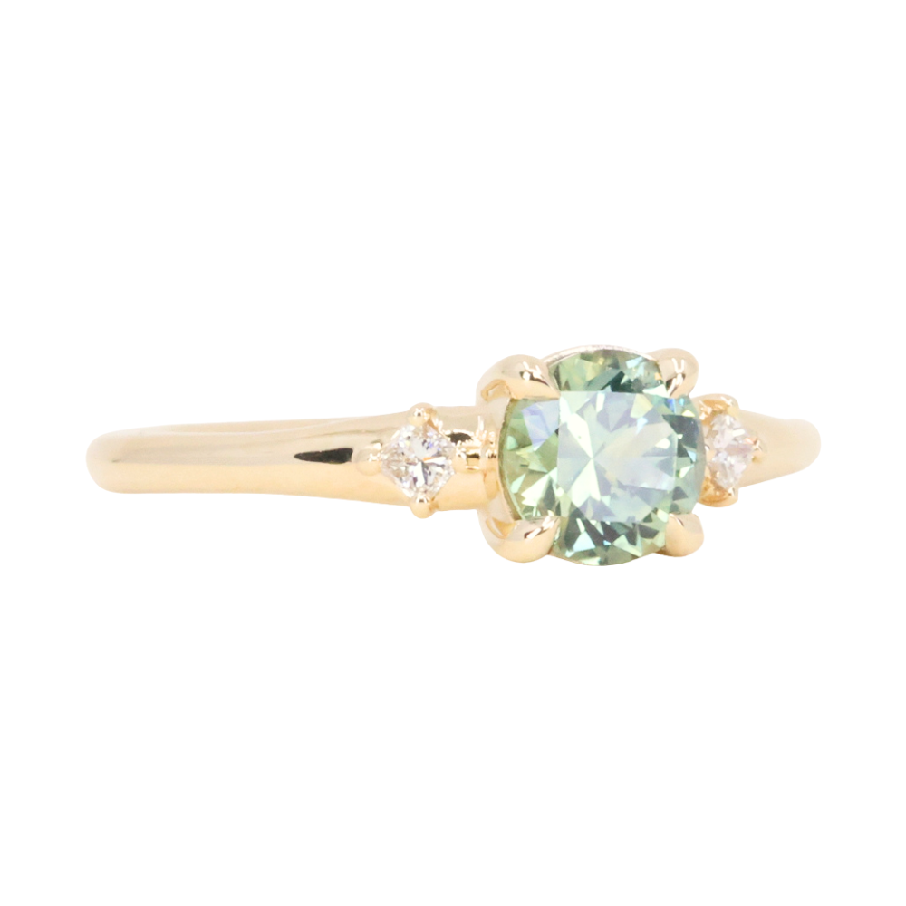 0.93ct Round Seafoam Montana Sapphire and Princess Cut Diamond Rapids Low Profile Ring in 14k Yellow Gold