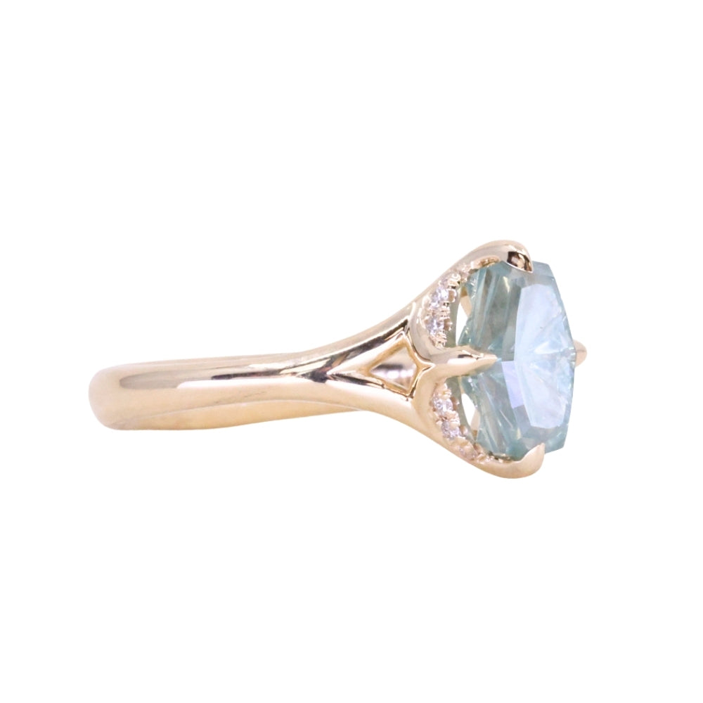 1.75ct Barion Shape Fantasy Cut Carved Montana Sapphire Split Shank Hidden Halo Six Prong Solitaire in 14k Yellow Gold