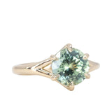 2.67ct Medium Teal Green Montana Sapphire Low Profile Six Prong Split Shank Solitaire in 14k Yellow Gold