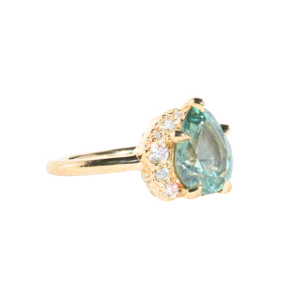 3.34ct  Untreated Pear Montana Sapphire and Diamond Asymmetrical Cluster Ring in 18k Yellow Gold