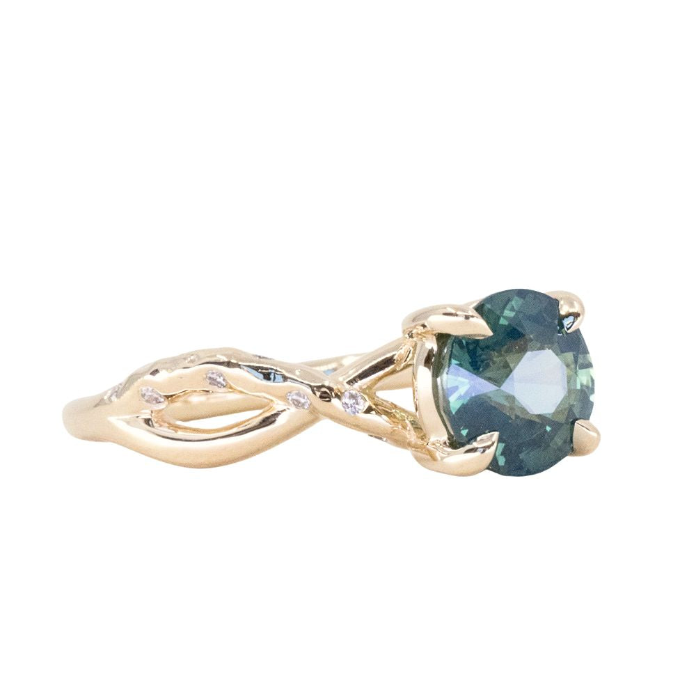 2.08ct Untreated Round Teal Sapphire Twisted Vine Split Shank Solitaire in 14k Yellow Gold with Diamonds