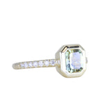1.14ct Emerald Cut Parti Montana Sapphire Low Profile Bezel Solitaire Ring with French Set Diamonds in 14k Green Gold