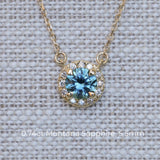 Dainty 14k Yellow Gold Montana Sapphire and Diamond Halo Necklaces