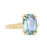 4.25ct Antique Style Elongated Cushion Untreated Montana Sapphire Vine Cathedral Four Prong Ring in 18k Yellow Gold