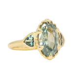 3.29ct Untreated Moval Montana Sapphire and Trillion Australian Sapphire Three Stone Scallop Cup Antique Style with Milgrain Low Profile Ring in 18k Yellow Gold