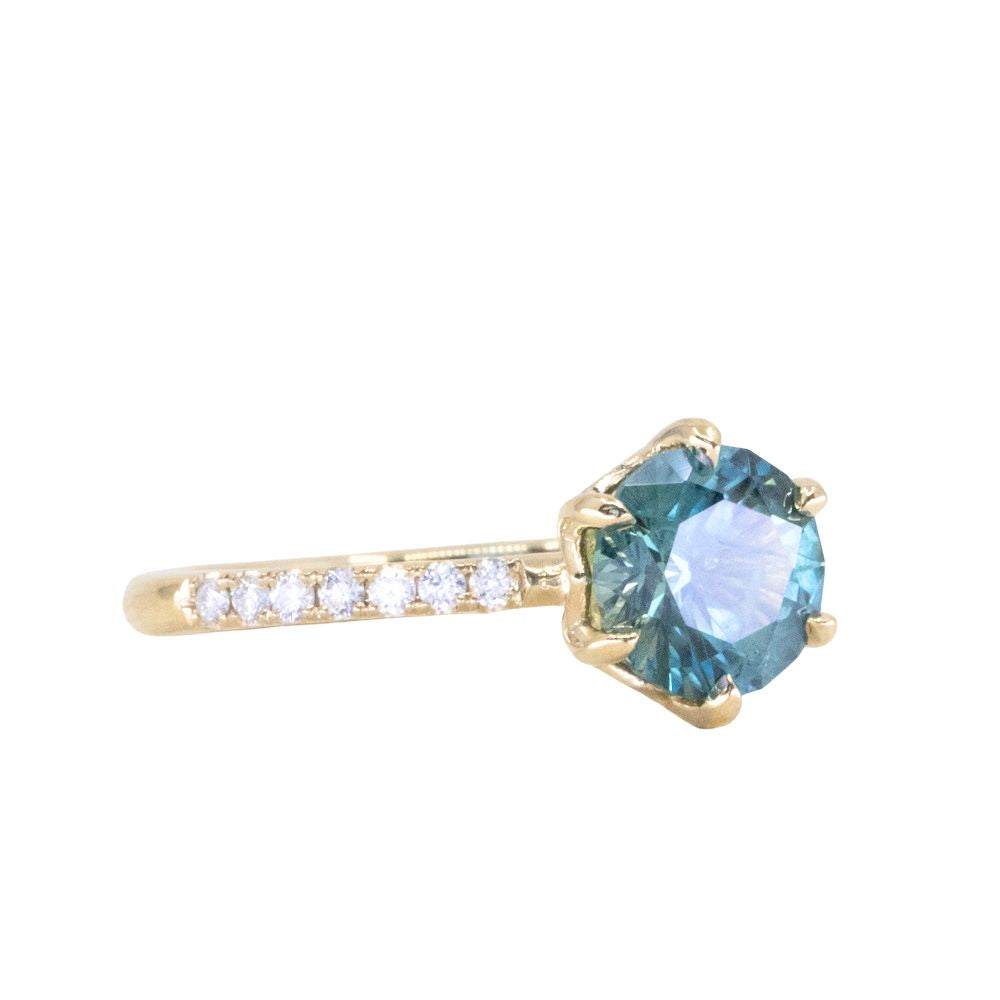 1.63ct Precision Cut Teal Round Montana Sapphire Lotus Six Prong Solitaire with Diamonds in 18k Yellow Gold