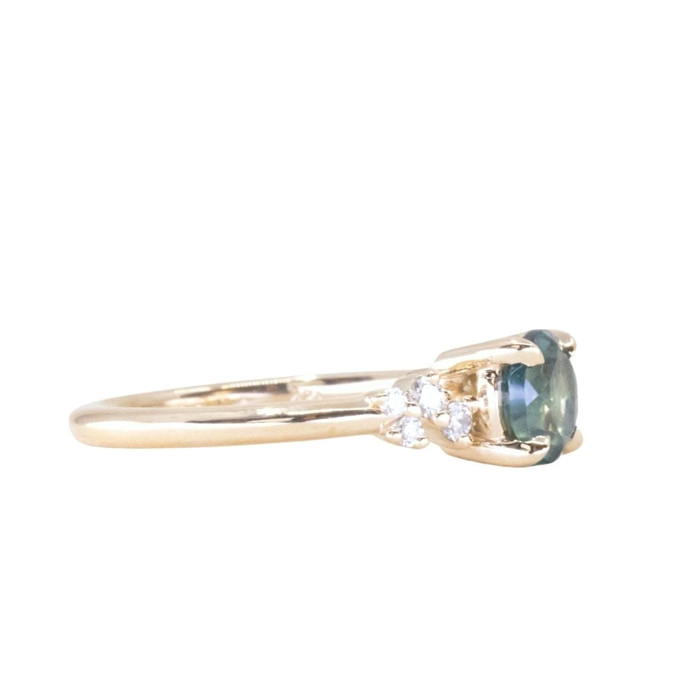 1.15ct Round Parti Teal Blue Green Montana Sapphire and Diamond Starry Night Low Profile Solitaire in 14k Yellow Gold