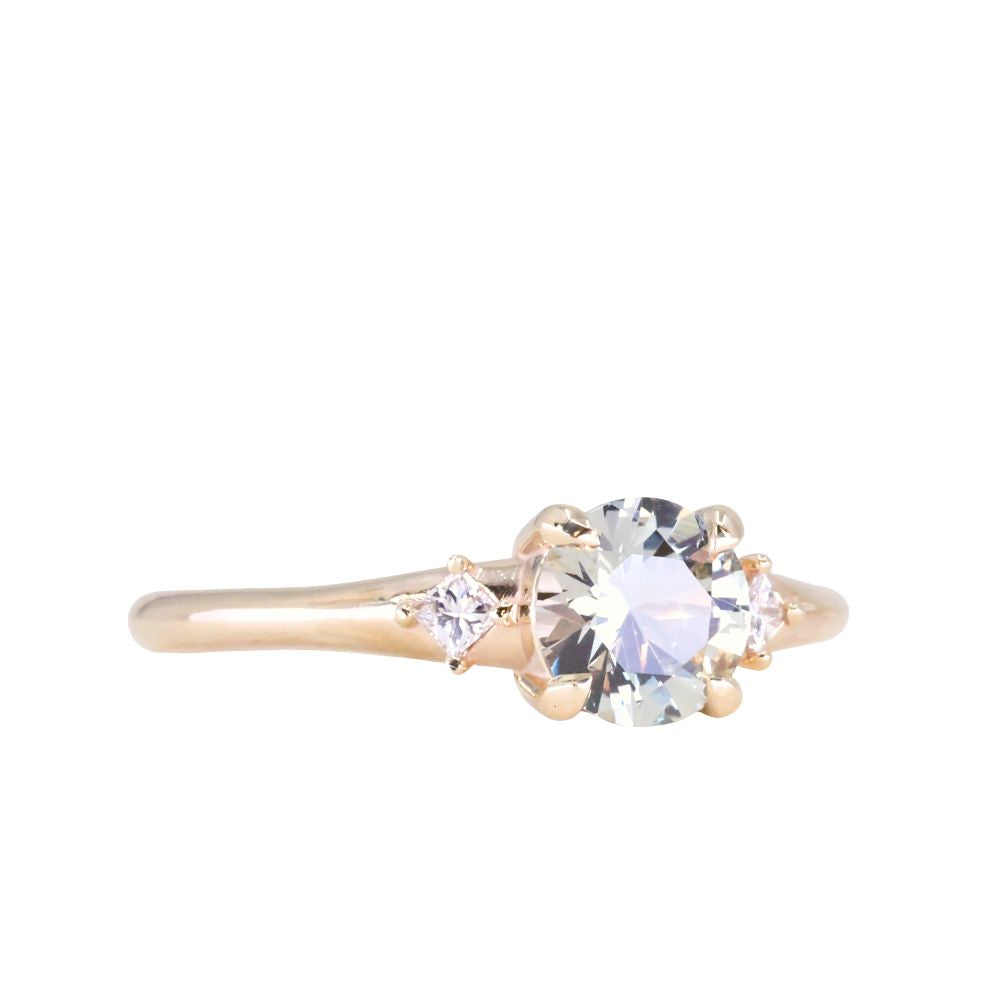 0.91ct Untreated Round White Montana Sapphire and Princess Cut Diamond Rapids Low Profile Ring in 14k Yellow Gold