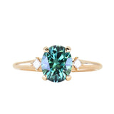 1.98ct Oval Precision Cut Teal Montana Sapphire and Princess Cut Diamond Rapids Low Profile Ring in 14k Yellow Gold