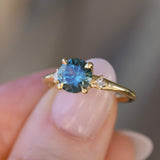 1.62ct Round Teal Green Montana Sapphire and Princess Cut Diamond Rapids Low Profile Ring in 18k Yellow Gold