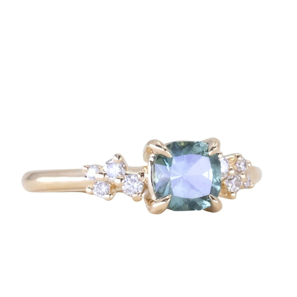 1.01ct Cushion Cut Medium Blue Green Montana Sapphire and Diamond Starry Night Low Profile Solitaire in 14k Yellow Gold