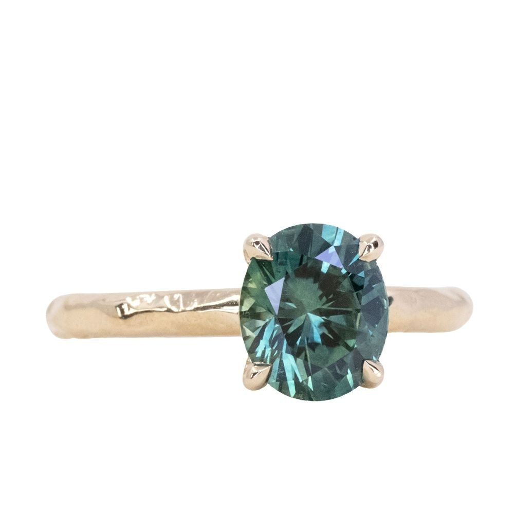 2.06ct Oval Precision Cut Teal Blue Green Oval Montana Sapphire Evergreen Carved 4 Prong Solitaire in 14k Yellow Gold