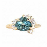 2.57ct Untreated Blue Wide Trillion Montana Sapphire and Diamond Asymmetrical Cluster Ring in 14k Yellow Gold